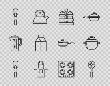 Spatula Tuzu ve Biber Mutfağı önlük paketini süt gazı sobası ve tencere ikonu için ayarla. Vektör.