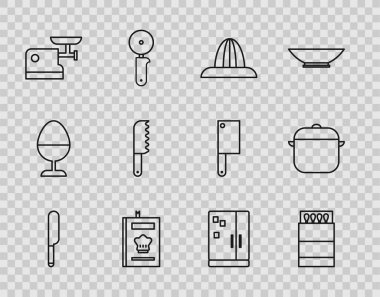 Bıçak Aç kibrit kutusunu ayarla ve Citrus meyve suyu sıkacağı Mutfak kıyma makinesi ekmek öğütücü bıçak buzdolabı ve tencere ikonu ile eşleştir. Vektör.