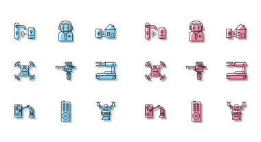 Endüstriyel makine robot kolu drone dağıtım konsepti mekanik tornavida robotu hareket kamerası ve İşçi simgesi. Vektör.