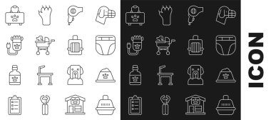 Pet, köpek kılı kurutma makinesi kırpıcısı ilk yardım çantası ve ikon için yiyecek kasesi bezi taşıyor. Vektör.