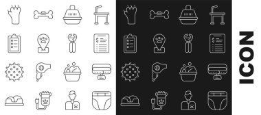 Grooming salon fiyat listesine sahip köpek tasması için çizgi bebek bezi ayarla. Hayvan taşıma çantası, evcil hayvan bakımı, ayak izi ve tırnak makasları ikonu. Vektör.