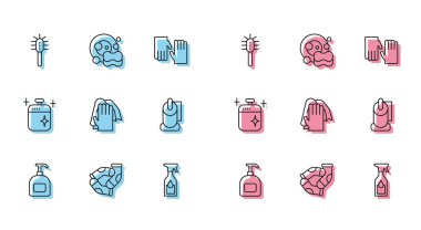 Sıvı sabun şişesi, çorap fırçası, tuvalet fırçası, sprey sprey temizleme, kâğıt rulo, yemek tenceresi ve bulaşık ikonu. Vektör.