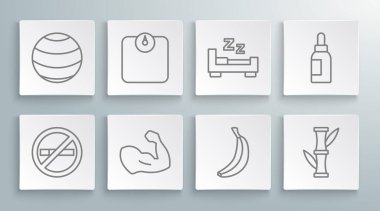 Sigara içilmeyen banyo, vücut geliştirici kas gücü, muz Bambu uyku zamanı esasen yağ şişesi ve fitness topu ikonu. Vektör.