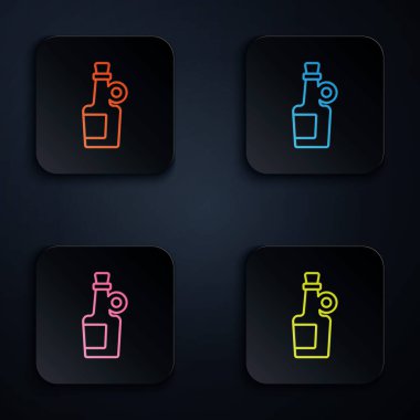 Renkli neon hattı Alkol, rom şişesi ikonu, siyah arka planda izole edilmiş. Kare düğmelere simgeleri yerleştir. Vektör.