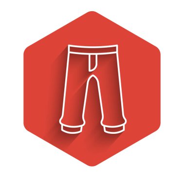 Beyaz Çizgili Pantolon simgesi uzun gölge arkaplanı ile izole edildi. Pantolon imzası. Kırmızı altıgen düğmesi. Vektör.