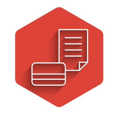 Beyaz çizgi kredi kartı simgesi uzun gölgeli. Çevrimiçi ödeme. Nakit çekilmesi. Finansal operasyonlar. Alışveriş tabelası. Kırmızı altıgen düğmesi. Vektör.