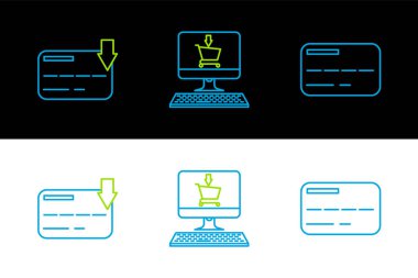 Kredi kartı ve alışveriş arabasını ekran bilgisayar simgesine ayarla. Vektör.