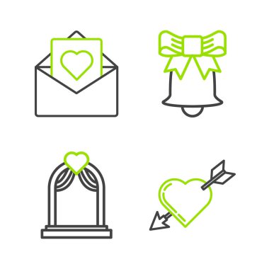 Aşk sembolünü kalp ve okla belirle düğün kemeri zil ve Envelope Valentine ikonu ile. Vektör.