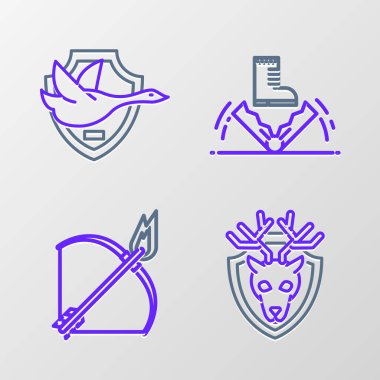 Geyik kafası ve boynuzları kalkan yay ve ateş oku tuzağı avı ve uçan ördek ikonu. Vektör.