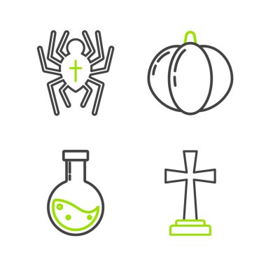 Çizgi Tombstone 'u haç şişe iksiri, balkabağı ve örümcek ikonu ile ayarla. Vektör.