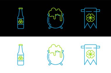 Dört yapraklı yonca ve dört yapraklı flama bira şişesi ve cadı kazanı ikonu koyun. Vektör.