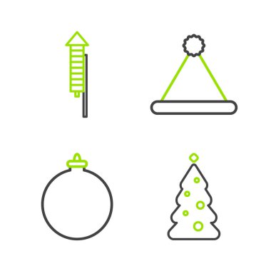 Noel ağacı, Noel Baba şapkası ve havai fişek ikonuyla süslenmiş. Vektör.