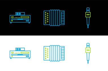 Mikrofon CD çalar ve müzik enstrümanı akordiyon simgesini ayarla. Vektör.