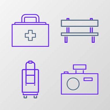 Fotoğraf makinesi Suitcase Bench ve ilk yardım çantası simgesini ayarla. Vektör.