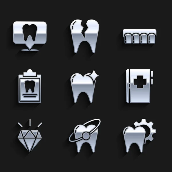 Set Tooth Whitening Concept Treatment Procedure Clipboard Dental Card Diamond — Stock Vector