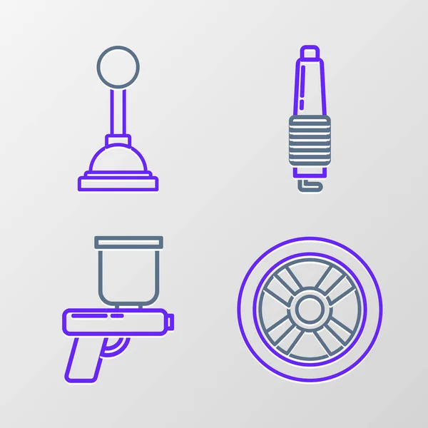 Set Line Car Wheel Paint Spray Gun Spark Plug Gear — Stock Vector