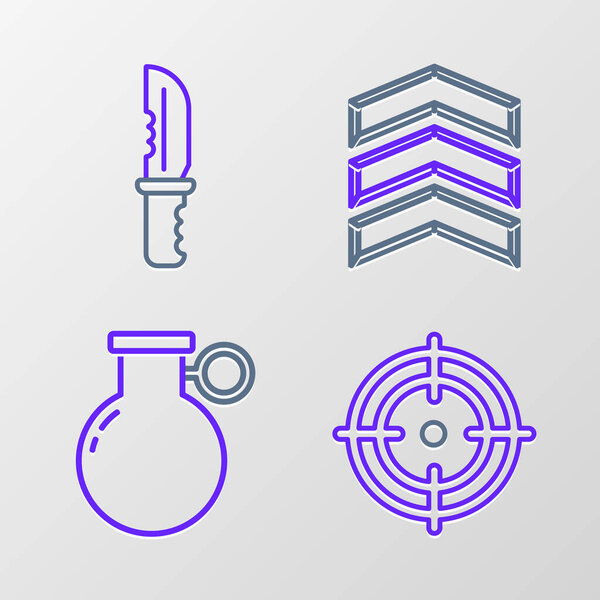 Set line Target sport Hand grenade Military rank and knife icon. Vector.