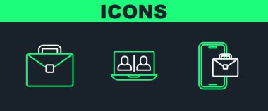 Freelancer Evrak Çantası ve Görüntülü Sohbet konferans simgesini ayarla. Vektör.