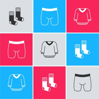 Çorap, bisiklet şortu ve süveter simgesini ayarla. Vektör.