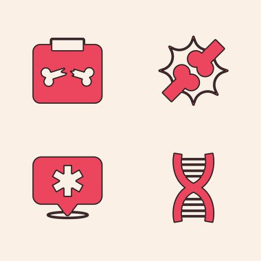 DNA sembolü röntgen çekimlerini kırık eklem ağrısı diz ağrısı ve konum hastane ikonu ile ayarla. Vektör.