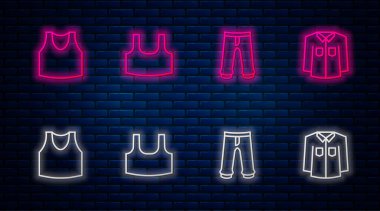 Undershirt Pants ve Shirt 'ü ayarla. Tuğla duvarda parlayan neon simgesi. Vektör.