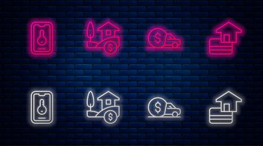 Line House 'u bir dolarlık araba kiralama online gayrimenkul ve kredi kartıyla ayarla. Tuğla duvarda parlayan neon simgesi. Vektör.