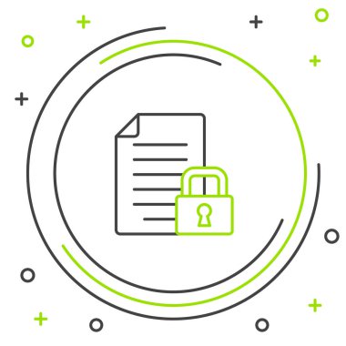 Satır Belgesi ve kilit simgesi beyaz arkaplanda izole edildi. Dosya biçimi ve asma kilit. Güvenlik, güvenlik, koruma kavramı. Renkli taslak konsepti. Vektör.