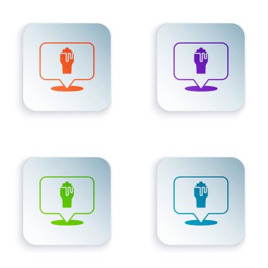 Beyaz arkaplanda izole edilmiş renkli alkol veya bira barı konumu simgesi. İçki, bar, kulüp ve barın sembolü. Kare düğmelere renkli simgeleri yerleştir. Vektör.