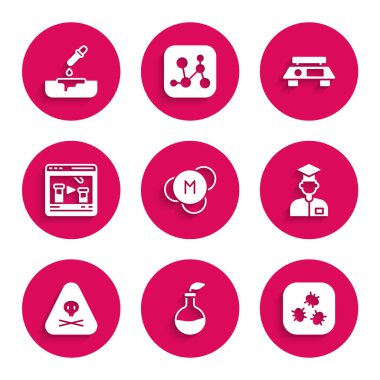 Molekül Bitkisi Bakteri Üreten Bakteri Laboratuvar Asistanı Üçgeni 'ni toksik kimyasal elektronik ölçekleri ve pipet ikonlu Petri kabını uyarmaya ayarlayın. Vektör.