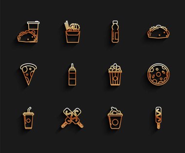 Saman ve su içen kağıt bardaklar, dondurmalı tortilla patlamış mısır, karton soslu pizza ve ikon. Vektör.