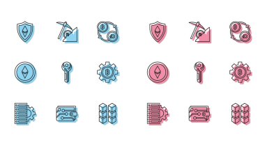 Satır sunucusu ve teçhizatı ayarla Kripto para birimi cüzdanı Ethereum ETH engelleme teknolojisi anahtar para Bitcoin ve bulut madencilik ikonu. Vektör.