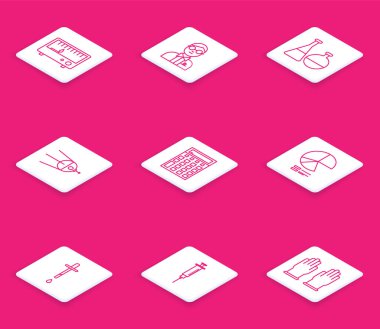 Elektriksel ölçüm aletlerini ayarla Bilim adamı Test tüpü ve matara kimya laboratuvarı Uydu Hesaplayıcı Turta grafiği bilgi çubuğu ve şırınga ikonu. Vektör.