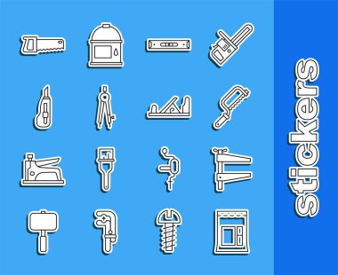 Çimento torbası klemp aracı Demir Testere İnşaat balonu seviyesinde pusula çizim bıçağı El ve tahta uçak simgesi. Vektör.