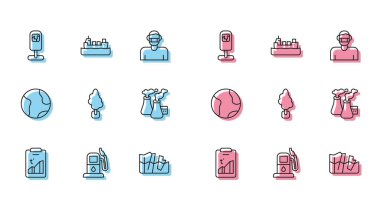 Küresel Isınma Petrol ya da benzin istasyonu Çöp Kutusu Eriyen Ağaç Duman Fabrikası Dünya ve Petrol tankeri ikonu. Vektör.