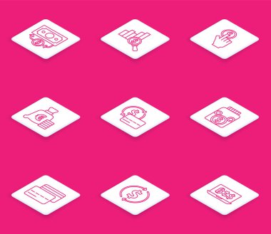 Hat Stacks kağıt para nakit turta şeması ve bir dolarlık bozuk para ile avro sembollü Credit kartı kavanozu ve mali büyüme ikonu. Vektör.