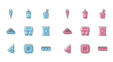 Pizza dilimlenmiş biftek dondurmalı sushi kahve fincanı paket patates cipsi eriştesi ve saman ikonlu kağıt bardak. Vektör.