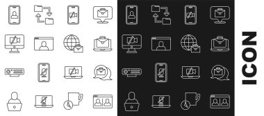 Çevrimiçi görüntülü sohbet konferansını mobil bilgisayar ve simge kapalı çalışan kamera olarak ayarla. Vektör.