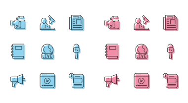 Megaphone Canlı Sinema Kamerası Bilgi Hattı Mikrofon Defteri ve Suç Haber ikonu 'nu ayarlayın. Vektör.