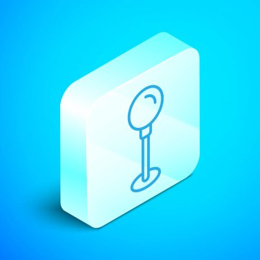 Isometric line Push pin simgesi mavi arkaplanda izole edildi. Raptiye işareti. Gümüş kare düğme. Vektör.
