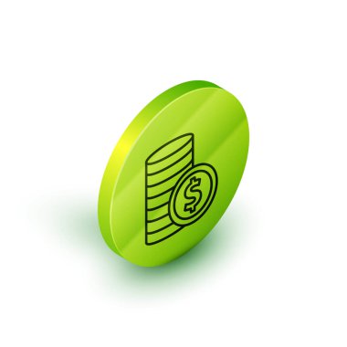 Beyaz arka planda izole edilmiş dolar sembollü Isometric line Coin parası. Bankacılık işareti. Para sembolü. Yeşil daire düğmesi. Vektör.