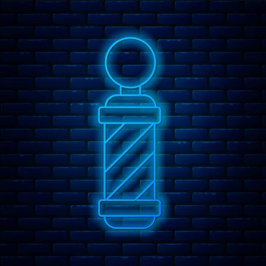 Parlayan neon hattı klasik berber dükkânı ikonu tuğla duvar arkasında izole edilmiş. Berber dükkanı direği sembolü. Vektör.