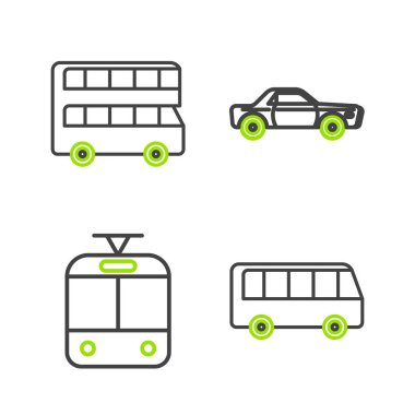 Otobüs tramvayı, tren vagonu ve çift katlı otobüs ikonu ayarlayın. Vektör.