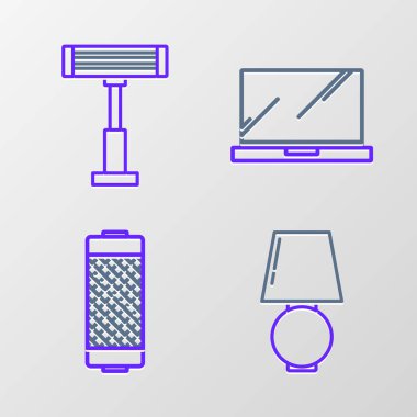Masa lambası hoparlörü dizüstü bilgisayarı ve elektrikli ısıtıcı simgesini ayarla. Vektör.