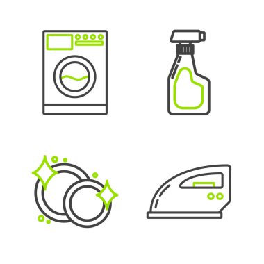Elektrik hattı, bulaşık yıkama deterjan ve çamaşır yıkama ikonu ile sprey şişe temizleme. Vektör.