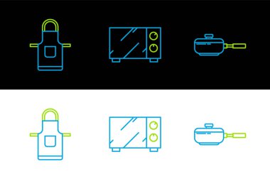 Hattı Kızartma Tavası önlüğü ve Mikrodalga fırın ikonu olarak ayarla. Vektör.