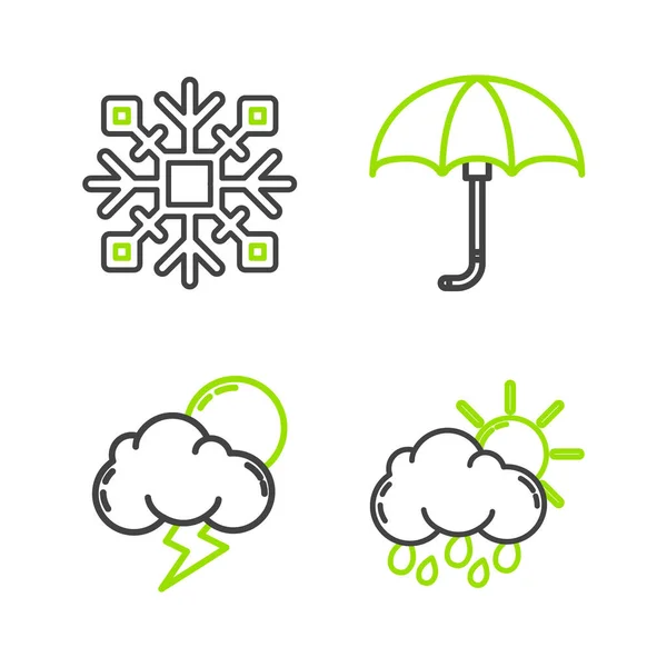 设定线条云带雨和阳光 经典风暴典雅地打开雨伞和雪花图标 — 图库矢量图片