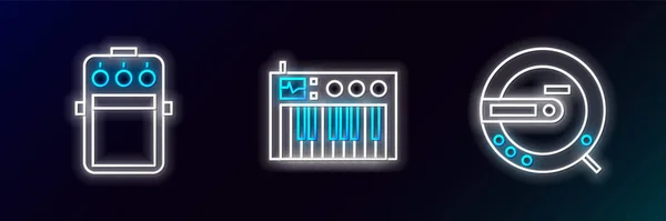 Set Line Muziek Speler Gitaarpedaal Synthesizer Icoon Een Gloeiende Neon — Stockvector