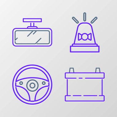 Araba aküsü direksiyon sirenini ve ayna ikonunu ayarla. Vektör.