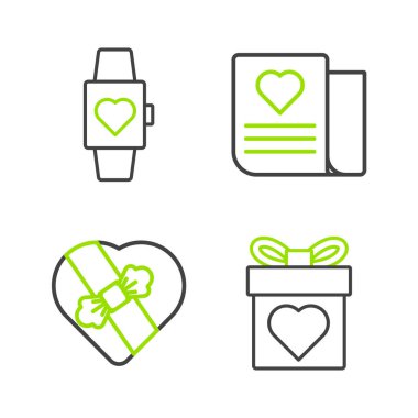 Hediye paketini kalp şekeri şeklinde Zarflı Valentine ve Heart kol saati ikonu olarak ayarla. Vektör.