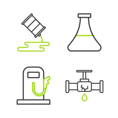 Kırık boruyu su sızdıran petrol ya da benzin istasyonu petrol test tüpü ve fıçı yağı ikonu ile ayarla. Vektör.